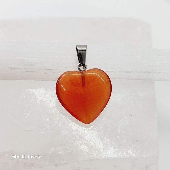 Red Orange Cat Eye Heart Pendant Handmade Jewelry Gift 1.15" - Picture 3 of 4